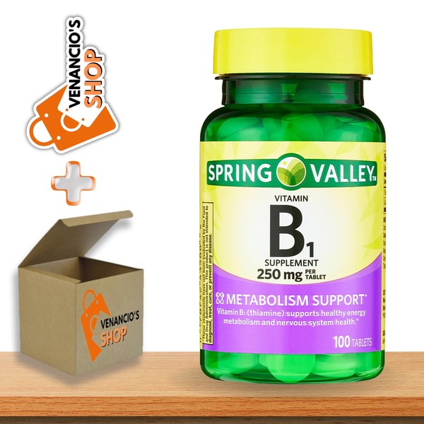 Spring Valley Vitamin B1 (Thiamine) 250mg Tablets, Supports Energy Production & Healthy Metabolism*, Helps Break Down Fats & Protein + Includes Venancio’sFridge Sticker (100 Count)