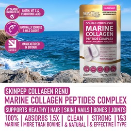 Marine Collagen Pure 100% (90 Capsules) Type 1 Hydrolysed Collagen Peptides Enhanced with Hyaluronic Acid & Vitamin C -Essential Amino Acids - Collagen Supplements for Women and Men by SkinPep