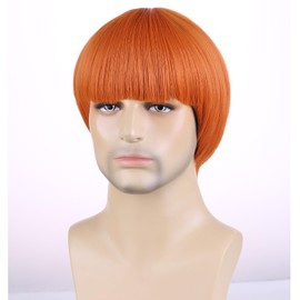 RightOn Short Orange Bowl Cut Wig 80s Outfit for Men Synthetic Orange Mushroom Wigs for Daily Party or Cospaly Hairnet Include