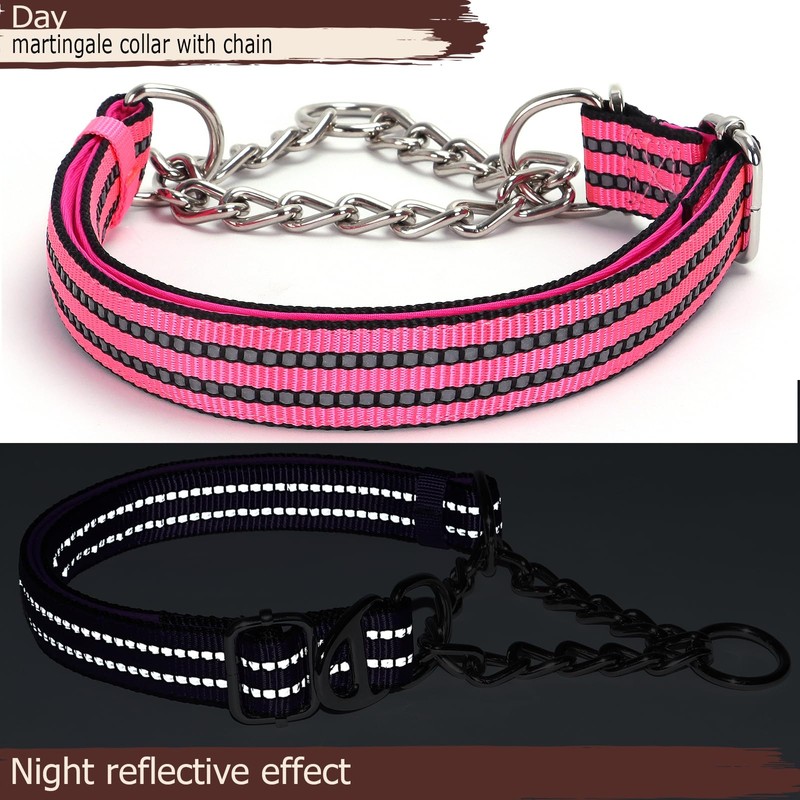 Reflective Martingale Dog Collar with Chain,Comfort Padded Strap No-Pull Dog
