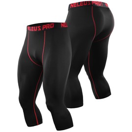 NELEUS Men's 3 Pack Running Capri Leggings Athletic Compression Short,6057,Black,red and Grey Stripe,2XL,EU 3XL