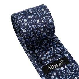 Alizeal Mens 3.15inches Spring Exquisite Flower Tie with Small Floral Printed Pocket Square, Navy+Blue+White