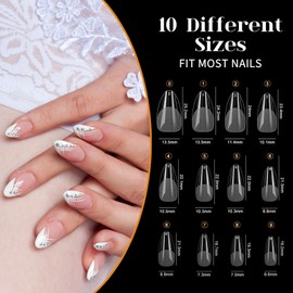 EOAMGO 240 Stück Almond Nagel Tips, Full Cover Soft Nail Tips Set, 10 Größen Tips für Gelnägel mit Kleber Feilen Nagelpuffer Nagelhautschieber, Künstliche Nägel Zum Aufkleben Nail Art DIY