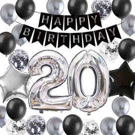 20th Birthday Party Decoration for Him, Birthday Banner Sliver Number 20 Black Star Foil Balloons Latex Confetti Birthday Balloons for Men Him 20 Years Old Birthday Supplies(20th)