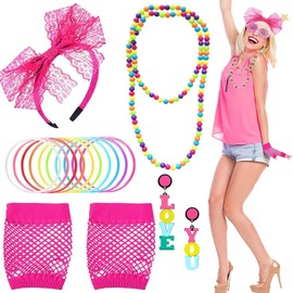 DOKLY 16Pcs Fancy Dress Accessories for Women, 80s Costumes Outfits with Rainbow Earrings Necklace Fishnet Gloves Headband