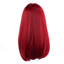 Peluca roja de 47 cm para mujer, peluca larga y recta y sedosa con flequillo, peluca frontal de encaje para fiesta, cosplay, uso diario
