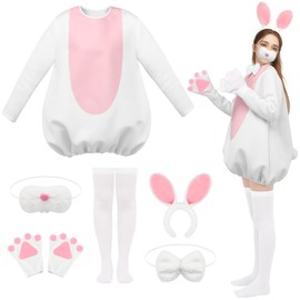 SOMSOC 6 Pieces Easter Bunny Costume for Women Includes White Rabbit Costume Ear Headband Nose Bow Tie Gloves Socks