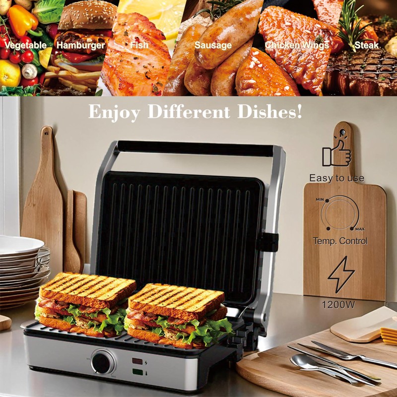 MUBENLIFE Panini Press, Electric Sandwich Press Grill, Open 180 Degrees,