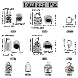 SUNNYCLUE 1 Box 230Pcs Cord End Caps Tibetan Antique Silver Leather Kumihimo Bracelets Supplies Glue in Crimp Ends Tube Barrel End Tip Lobster Clasps Jump Rings Cord Terminator for Jewelry Making Kit