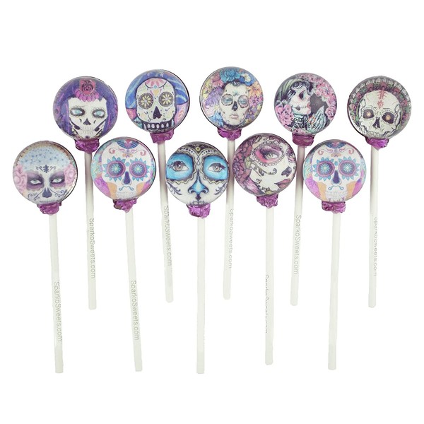 Sparko Sweets La Catrina Sugar Skulls Day of the Dead Lollipops with Gift Packaging, 10 Lollipops, 3D Spherical Designs, Handcrafted in USA, 1 Pound