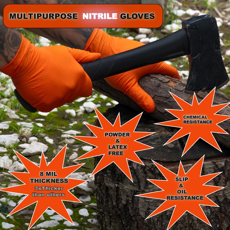 8 Mil Disposable Orange Nitrile Rubber Gloves. Heavy Duty, Food