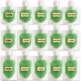 15Pcs Travel Size Toiletries Refillable Squeeze Pouches with Label, 30ml/ 50ml/ 100ml Portable Stand Up Spout Travel Fluid Makeup Packing Bag for Cosmetic Lotion/Shampoo/Face Cream/Hand Soap