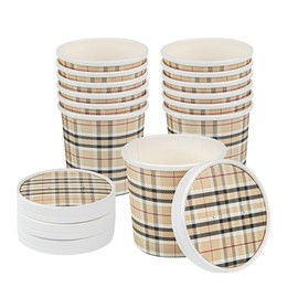 LIDS ONLY: Bio Tek Soup Container Lids, 25 Disposable Bowl Lids For 12 Ounce Soup Cups - Containers Sold Separately, Vented, Plaid Print Paper Soup Container Lids, Round, Restaurantware