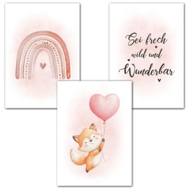 LAVEMA Pictures for Children's Room Girls | Baby Room Poster DIN A4 (21 x 30 cm) Poster Set | Wall Decoration Children's Room Decoration Fox Pink Wall Poster Children's Pictures Wall Pictures Animals