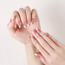 Dikixe Nude-colored Gradient French Medium Coffin Press On Nails Full Cover Acrylic 24 Pcs Salon Reusable Fake Nails with Strong Nail Adhesive Tabs for Women Girls