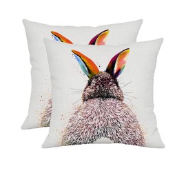 Soothirty Set of 2 Watercolor Rabbit Linen Throw Pillow Covers, 18x18Inch White Linen Cushion Cases, Spring Easter Animal Design Decorative Pillowcases for Home Decor
