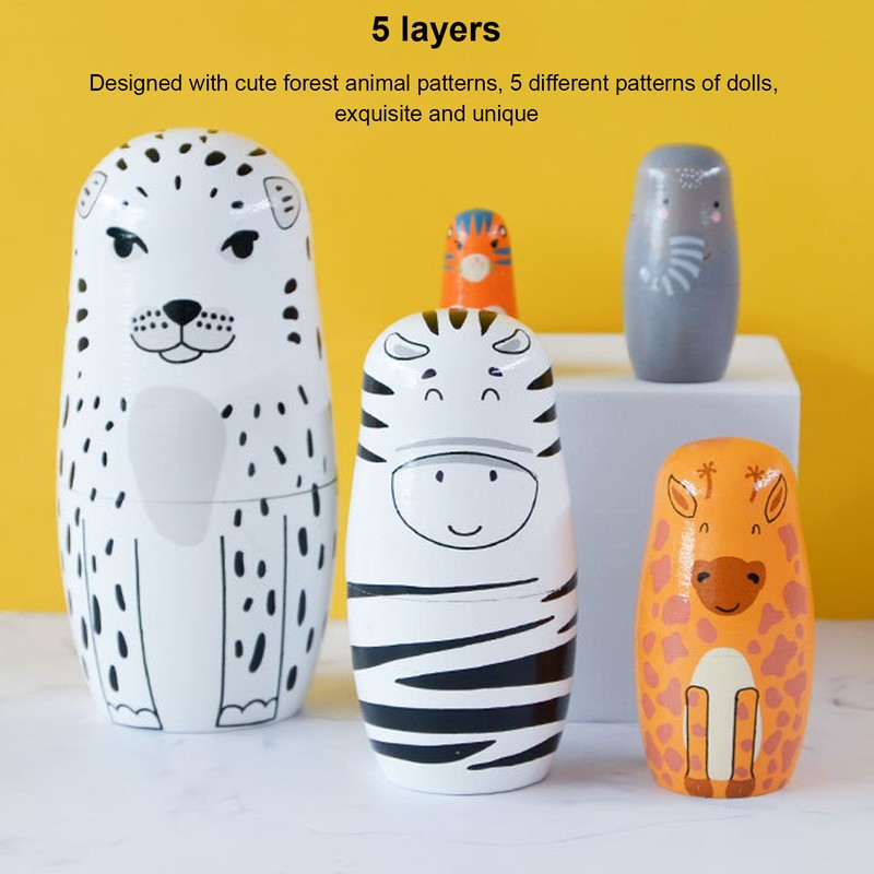 5Pcs Russian Nesting Dolls Hand Made Exquisite Wooden Animal Nesting