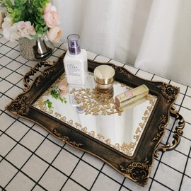 YANIZU Decorative Mirror Tray, Floral Vanity Organizer for Makeup, Jewelry, Perfume, Vintage Rectangular Display and Serving Tray for Dresser, Counter and Coffee Table, 9.5"x14.9", Gold