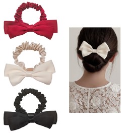 3 Pcs Bow Scrunchie Cute Hair Ties with Bows Red Black White Satin Ponytail Holder Sweet Decorative Scrunchies for Women