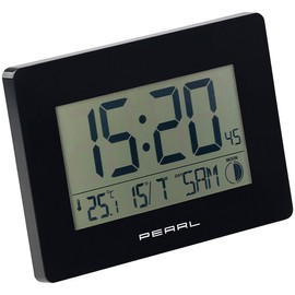 PEARL Radio Wall Clock with Date: Radio Controlled Wall Clock with Jumbo Time, Temperature and Date Display, Black (Radio-Controlled Clock with Date and Day of the Week, Table Clock with Date and Day