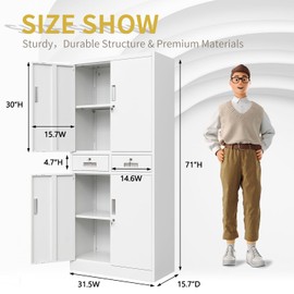 YEEZER Metal Storage cabinets, with 2 Adjustable Shelves, Lockable 71 "H Steel Garage Cabinet with 2 Drawers, Suitable for Offices, garages, Warehouses, Schools, and Homes (White)