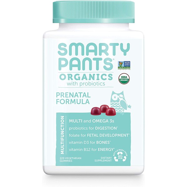 Daily Organic Gummy Prenatal Multivitamin: Probiotic, Vitamin C, D3 & Zinc for Immunity, Biotin, Omega 3, Selenium, Methyl B12 for Energy by SmartyPants (120 Ct, 30 Day Supply)Packaging May Vary
