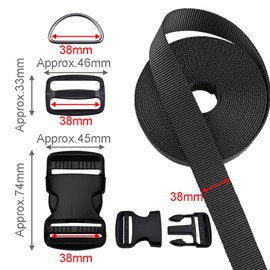 Juego de correas de hebilla de 1.5 pulgadas, correa de nailon negro, 6 piezas, hebilla de plástico de liberación lateral, doble ajustable, 12 piezas, clip deslizante triple, 12 anillos de metal D (1.5 pulgadas de ancho)