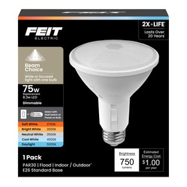 Feit Electric PAR30 LED Reflector Light, 75W Equivalent, Dimmable, Adjustable Beam, Adjustable White (2700K-5000K), 90+ CRI, Indoor/Outdoor, Track Lighting, 25,000-Hour Lifetime, PAR30L/ADJ/6WYCA