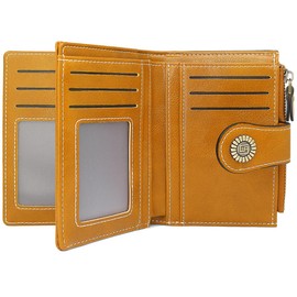 YERUUE Women's Small PU Leather Purse, RFID Blocking Small Purse, Women's Bifold Compact Purse with 20 Card Slots and 1 Zip Coin Compartment, yellow, Retro