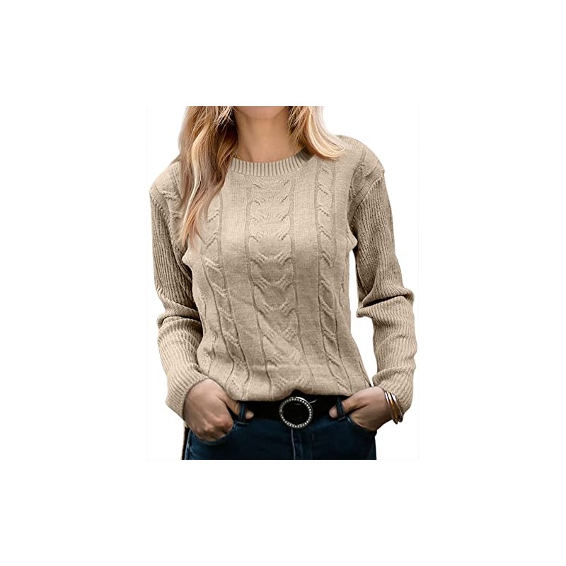 Runcati Women's Casual Plain Long Sleeve Cable Knitted Crew Neck