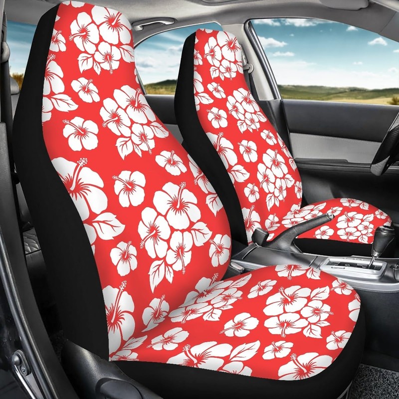Car Seat Cover Red White Flower Front for Cars, Easy