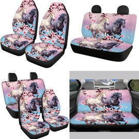 FUIBENG 12 Pcs Pink Cherry Blossom Horse Car Seat Covers Full Set,Car Protectors,Universal Fit Front Back Seat Cushion/Seatbelt/Steering Wheel Cover/Anti Slip Coaster/Keychains for Cars SUV Truck