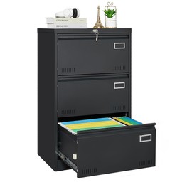 BouPower Lateral File Cabinet with Lock, 3 Drawer Metal Filing Cabinet with Card Holder for Home Office, Steel Wide Office File Cabinets for A4/Letter/Legal Size, Under Desk Filing Cabinets, Black