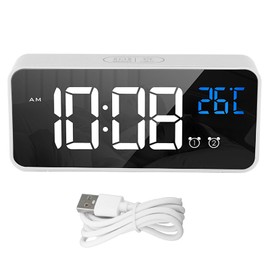 Mirror LED Alarm Clock Two Sets of Alarm Rechargeable Voice Activated Digital Clock for Bedrooms Bedside Desk Silver
