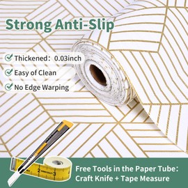 Gold and White Shelf Liners for Kitchen Cabinets Non Adhesive Cabinet Liner Strong Non-Slip Thickened Easy to Clean for Shelf Cabinet with Knife and Tape Measure