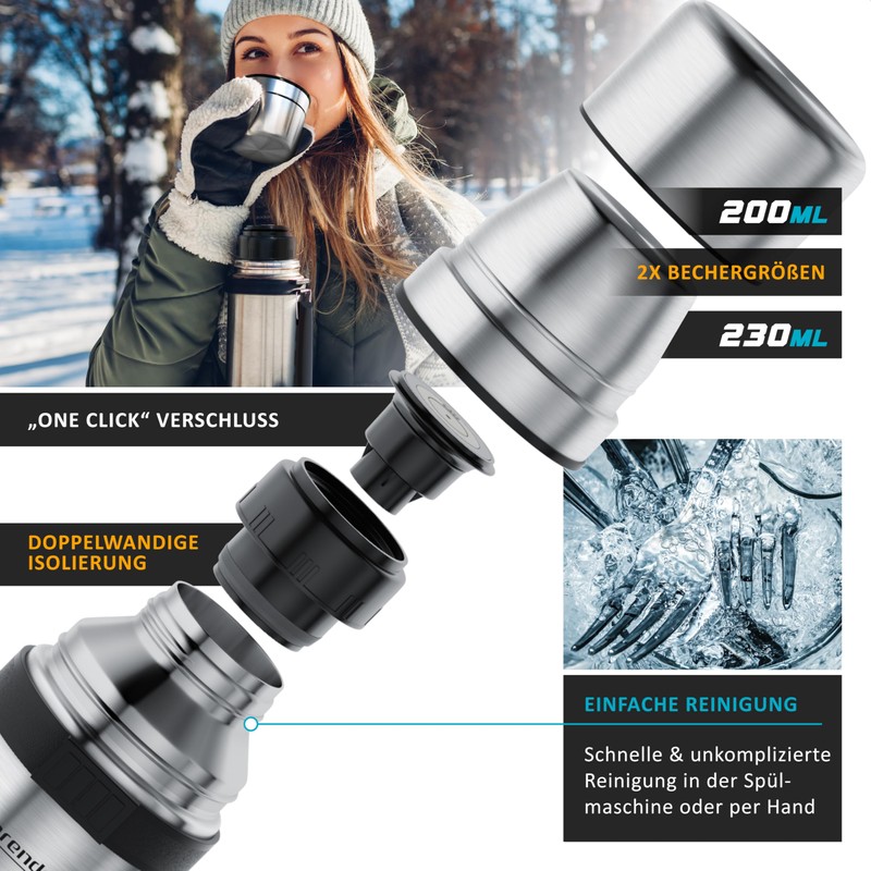 Arendo - Thermos Flask 1 Litre Stainless Steel - with