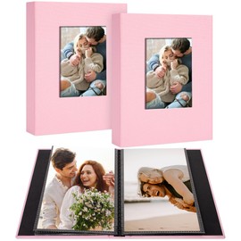 Hiwhy 2 Pack Photo Album Holds 48 Pockets with Linen Cover and Customizable Window, Fits 4x6 Photos, Archival Black Pages, Pink