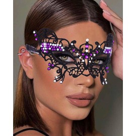 Flimire Lace Mask for Women Rhinestone Butterfly Masquerade Masks Venetian Costume Ball Party Eye Mask (Purple)