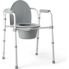 Caring 3-in-1 Bedside Commode Chair – Steel Folding Frame, 7.5 QT Bucket, 350 lb Weight Capacity, Clip-On Toilet Seat, Bathroom Safety Aid for Seniors, Tool-Free Assembly – Gray