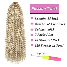 Samtress 18 Inch Passion Twist Crochet Hair 7 Packs Blonde Water Wave Crochet Hair Bohemian Curly Passion Twists Hair for Faux Locs Butterfly Locs Hot Water Setting Braiding Hair for Women (#613)