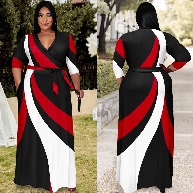Runwind Plus Size Maxi Dress 3/4 Sleeve V Neck Plus