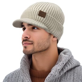 Clakllie Visor Beanie Hat with Goggles Newsboy Knitted Hat for Men Stylish Watch Cap Brim Warm Ski Skull Cap,Beige