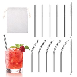 10 Pack Short Metal Straws Reusable Stainless Steel Straws 5 Straight 5 Bent 5 Inch Cocktails Straws Drinking Straws with 2 Cleaning Brush for Coffee Mugs, Small Glasses or Cups