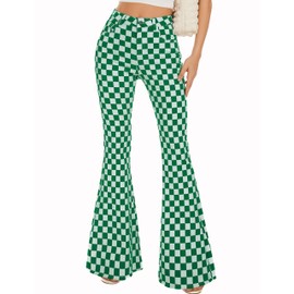 Odefou Checkered Flare Jeans for Women High Waisted Bell Bottoms Stretch Bootcut Plaid Pants St Patricks Gifts(Green White Plaid,0)