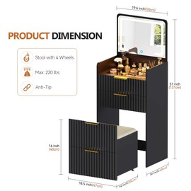 JDPAG LED Vanity with Flip Top Mirror, 3 in 1 Small Makeup Desk with Glass Desktop, Compact Dressing Table with Storage and Cushioned Stool with Wheels,3 Drawers, Bedroom Black
