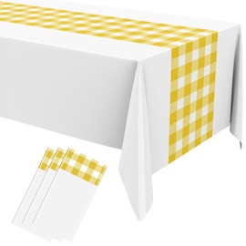 Oudain Disposable Plastic Gingham Tablecloth with Table Runner Design Retro Vintage Checkered Buffalo Plaid Rectangle Table Cover for Picnic Birthday Wedding Party,108 x 54''(Yellow White,3 Pcs)