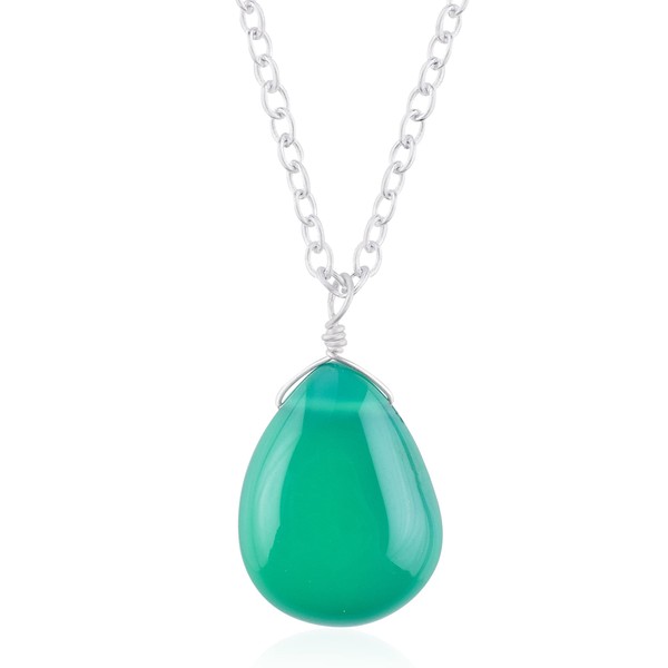 Natural Green Onyx Crystals Pendant Necklace, Pear Cabochon Gemstone, Energy