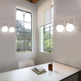 ZHUOER Modern Bathroom Vanity Light Fixtures Brushed Nickel 2 Lights Milk White Globe Glass Shade Modern Wall Sconce Lights Vanity Lights Over Mirror(Exclude G9 Bulb)