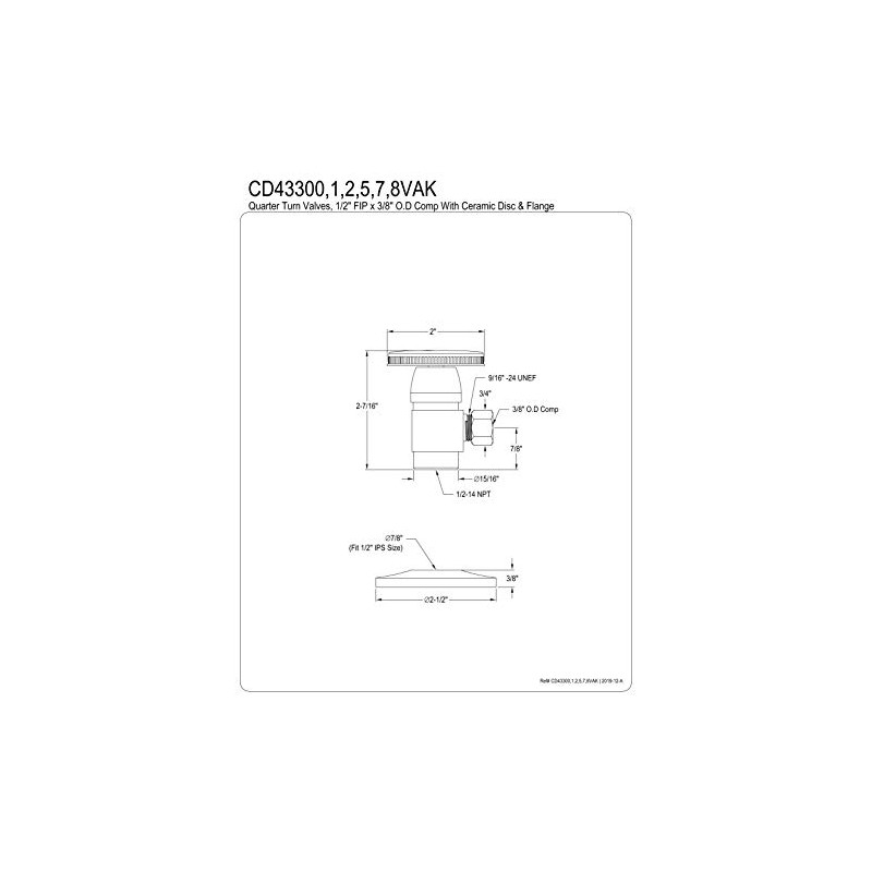 Kingston Brass CD43307VAK 1/2"IPS x 3/8"O.D. Anti-Seize Deluxe Quarter-Turn Ceramic