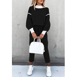 Fixmatti Two Piece Outfits Sweatshirt And Jogger Pants Matching Sets Women Tracksuit With Pockets Black S